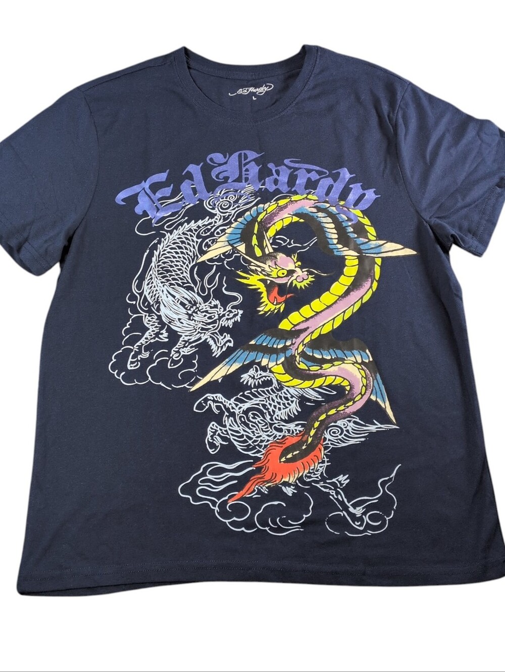 Ed Hardy Navy Tee with Multicolor Dragon and Logo